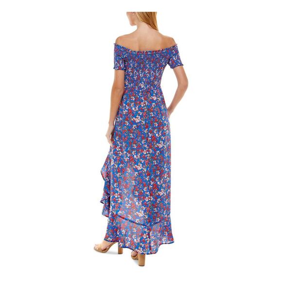 CRYSTAL DOLLS Womens Stretch Smocked Short Sleeve Off Shoulder Maxi Hi-Lo Dress - Picture 2 of 4